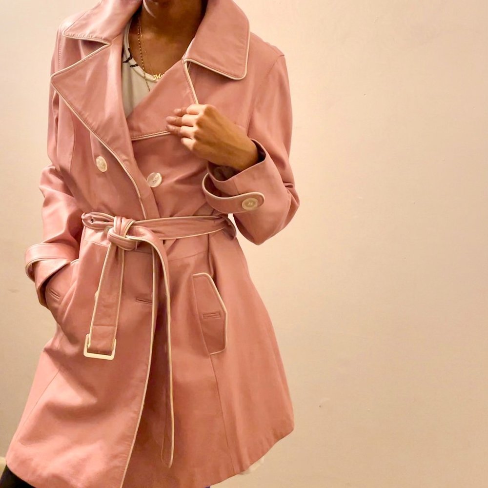 Pink Beige Leather Trench Coat